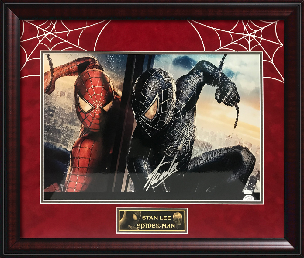 Stan Lee Autograph Print Spiderman Red Suede Mat Web H Framed 23x27 Stan Lee  Authentication Hologram - New England Picture