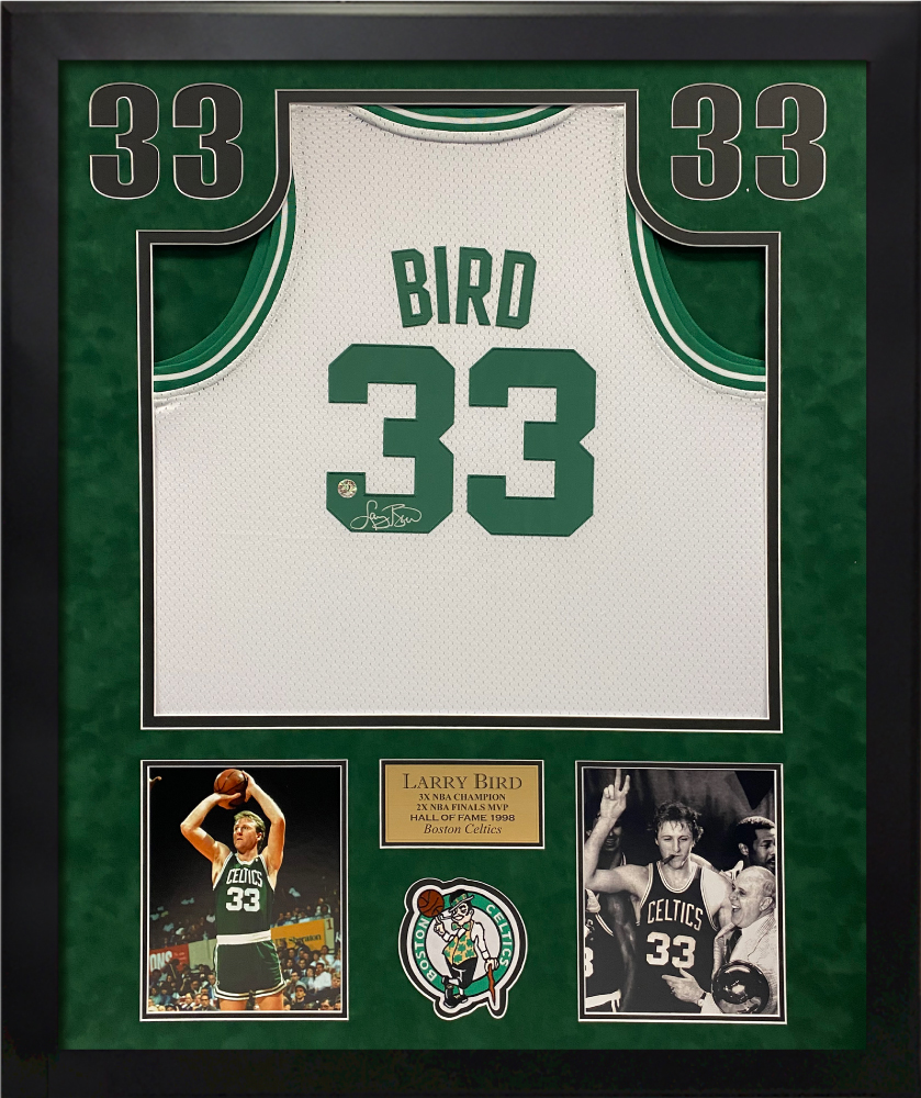 Larry Bird Autographed Green Boston Celtics Jersey - Beautifully Matted and  Framed - Hand Signed By Larry Bird and Certified Authentic by Beckett 