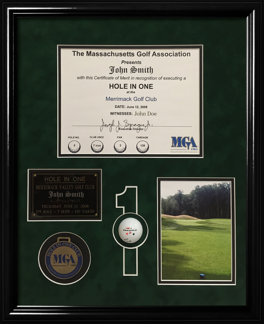 Golf Hole in One custom framing example. Get your hole in one memory and golf ball custom framed in a shadowbox. You provide the ball and any other elements in the framing. New England Picture can help with the ideas!