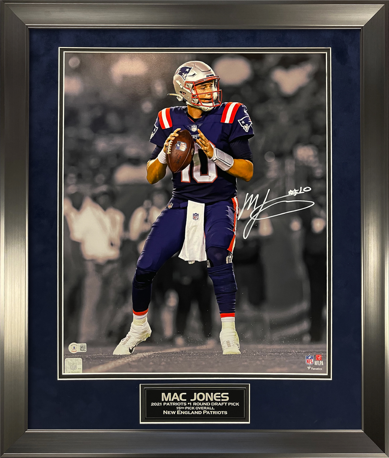 Mac Jones framed autographed blue jersey