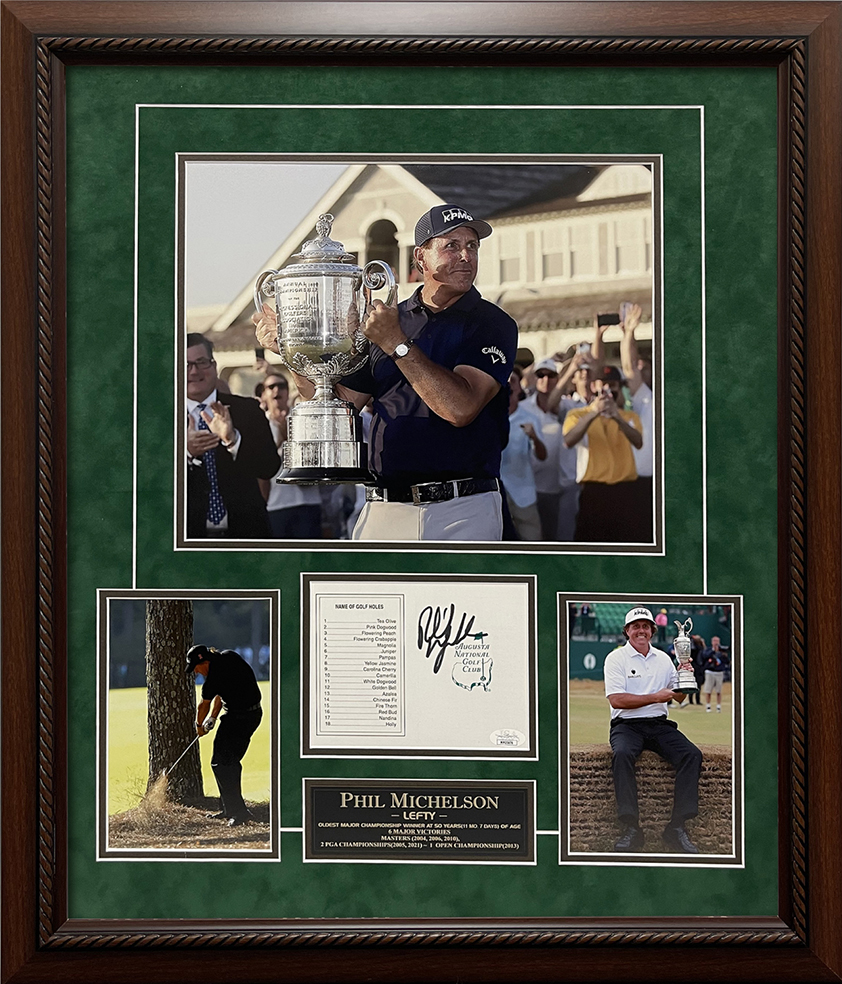 Custom frame a score card autograph you provide with a combination of images and a custom laser engraved plate.