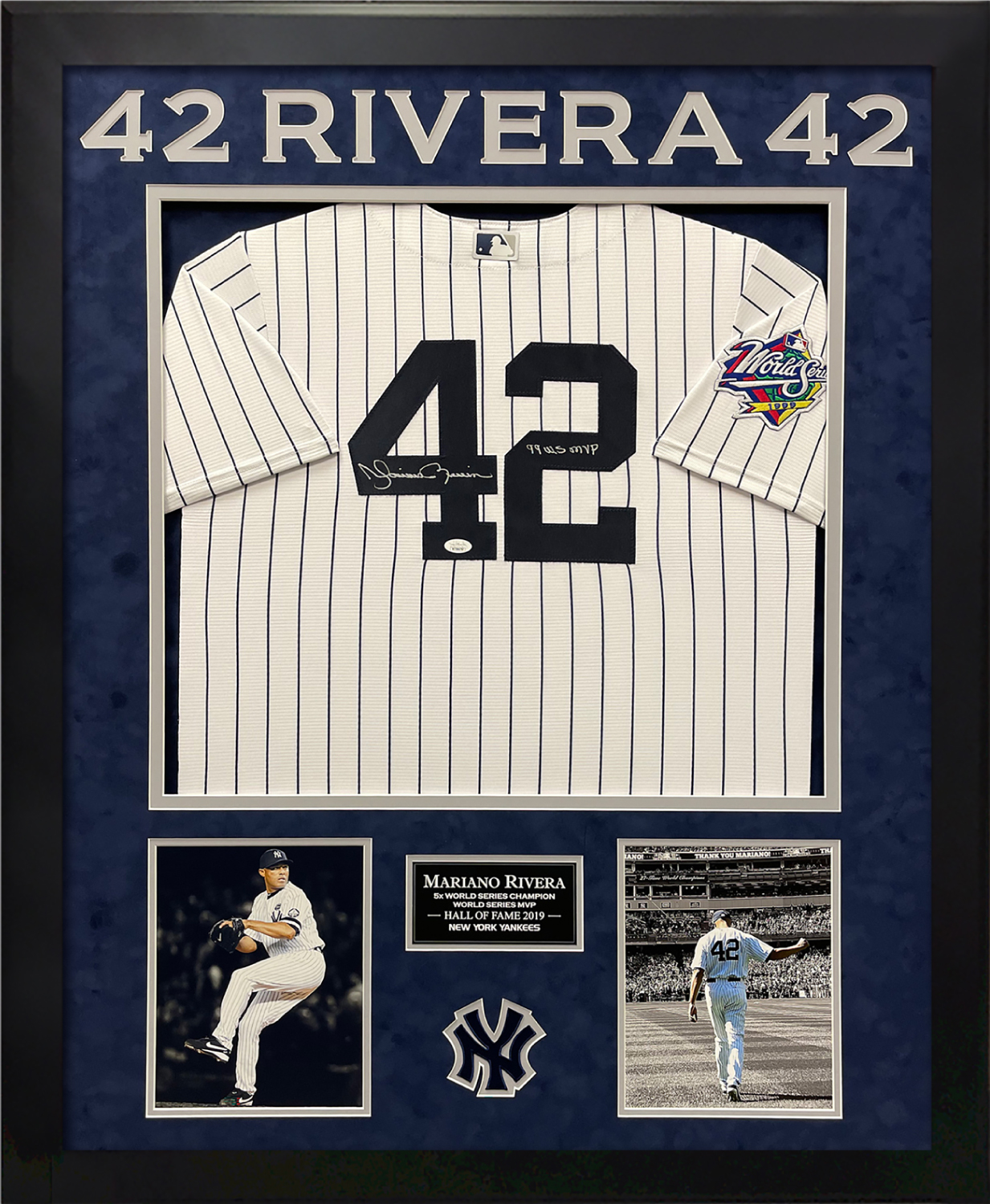 Mariano Rivera Autograph Jersey New York Yankees White with Inscription 99  WS MVP Framed 37x45