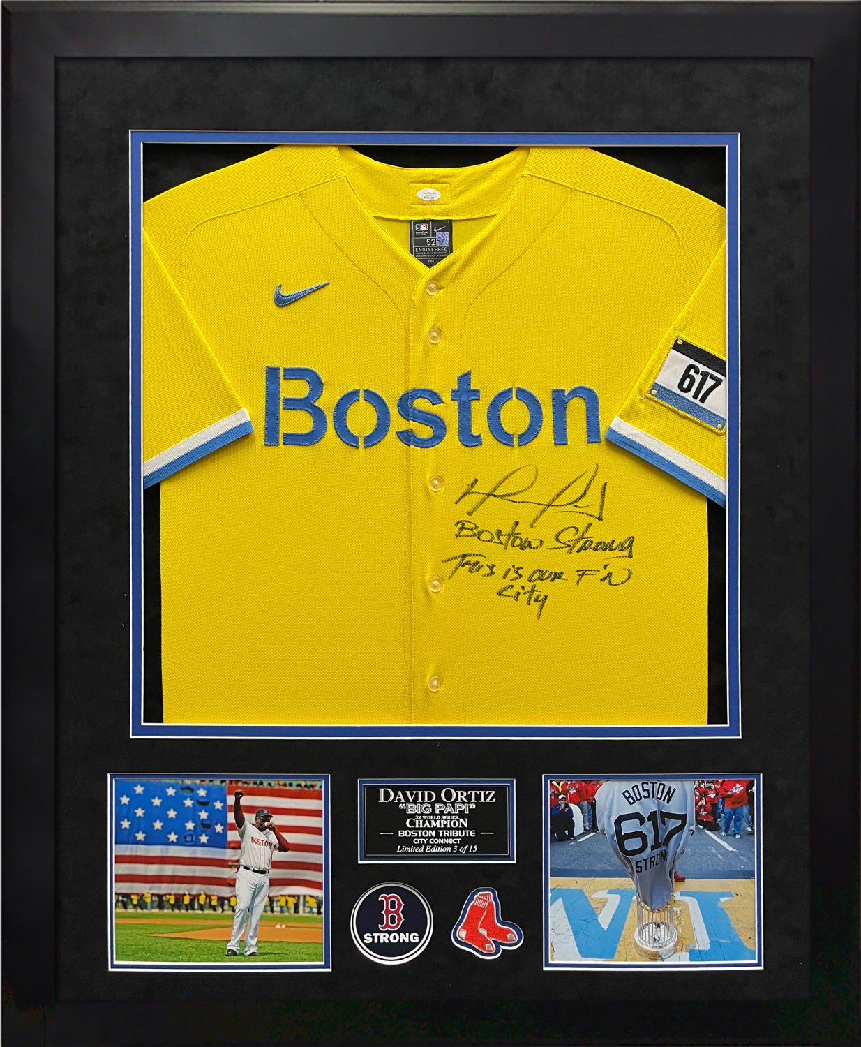 David Ortiz Autograph Jersey City Connect Yellow with Inscription Boston  Strong This is Our F'n City - New England Picture
