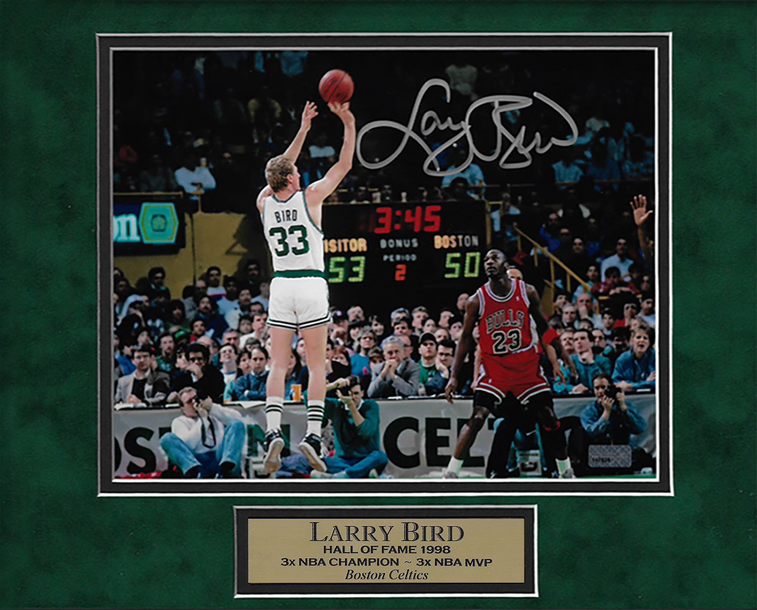 Larry Bird Autograph Photo Jump Shot Over Michael Jordan 11x14